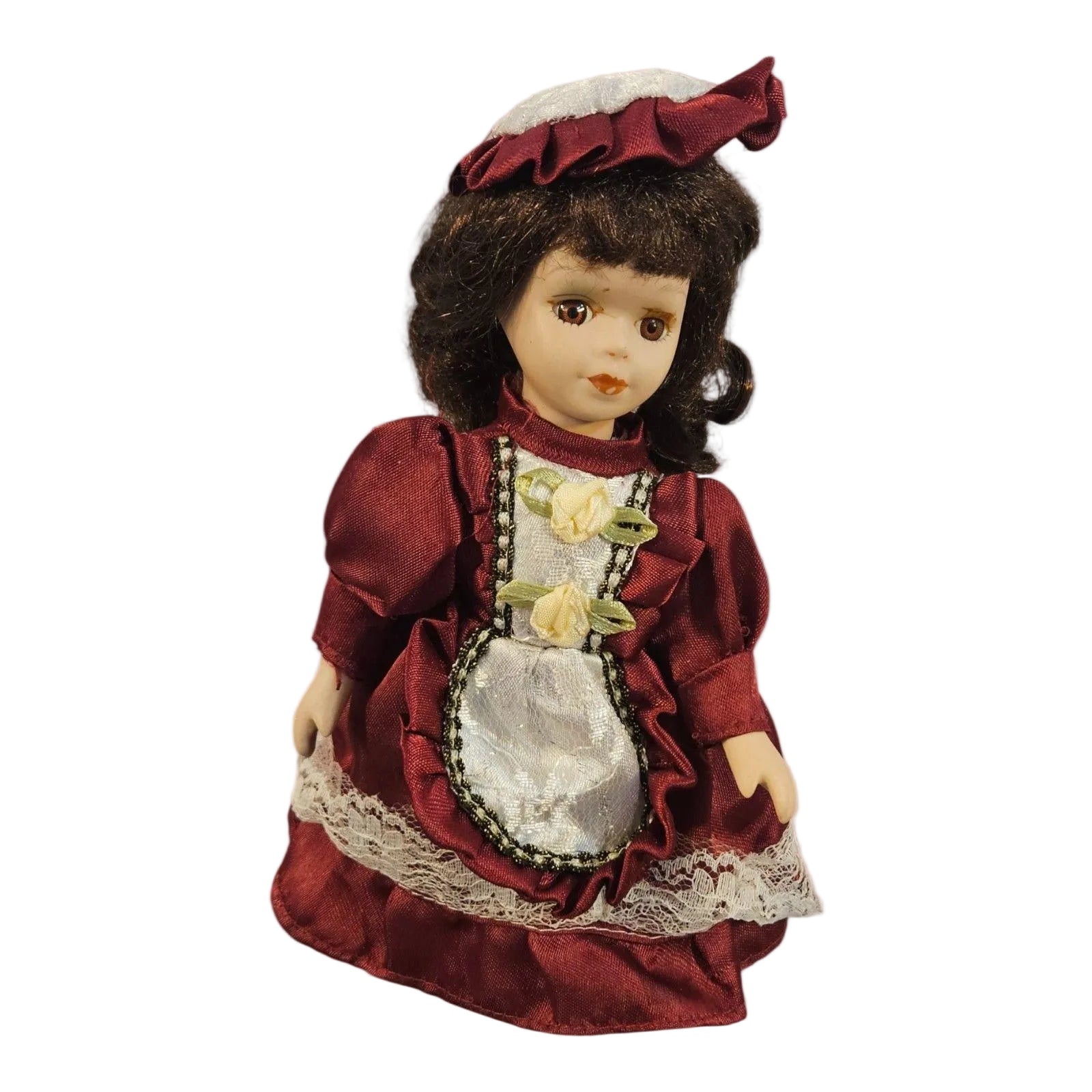 Vintage Porcelain Doll with Brown Hair and Red Dress -- ITEM #3103