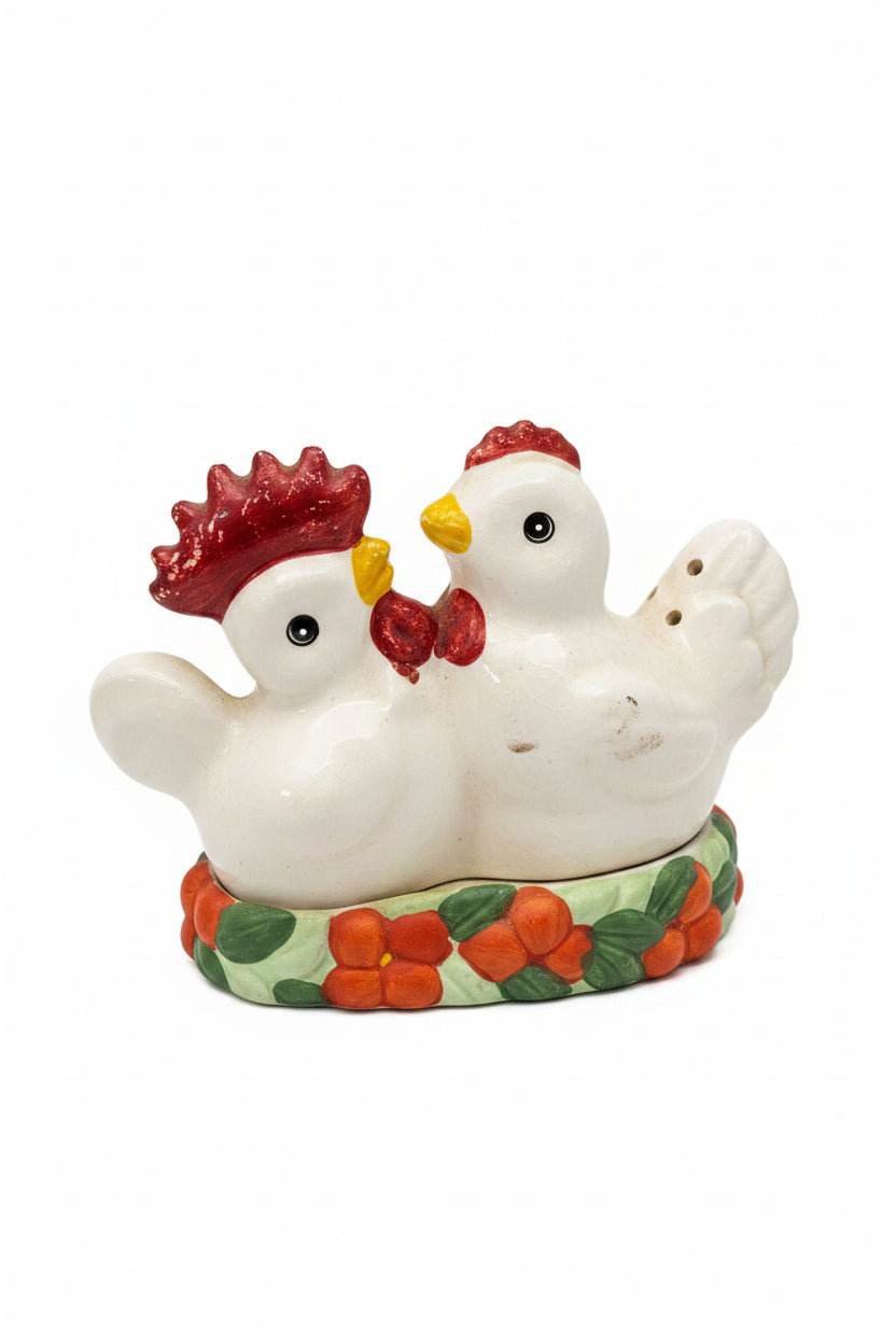 Vintage Ceramic Salt & Pepper Shakers Roster and Hen Nestled in Basket - ITEM #2302