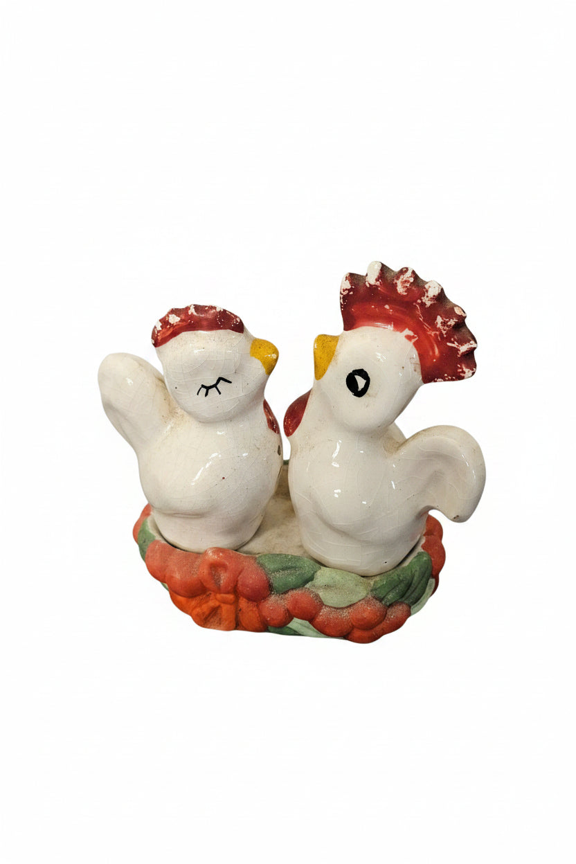 Vintage Ceramic Salt & Pepper Shakers Roster and Hen Nestled in Basket - ITEM #2302