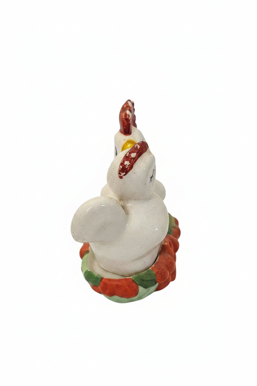 Vintage Ceramic Salt & Pepper Shakers Roster and Hen Nestled in Basket - ITEM #2302
