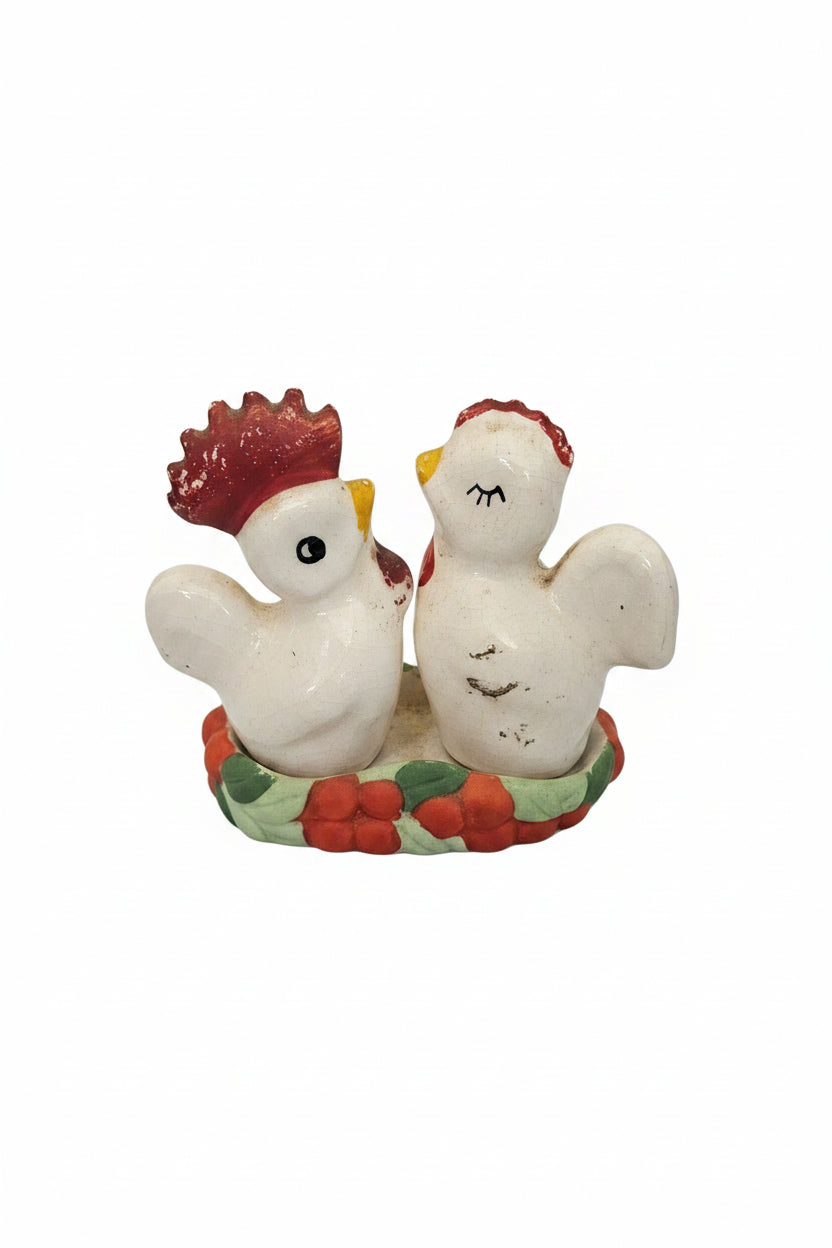 Vintage Ceramic Salt & Pepper Shakers Roster and Hen Nestled in Basket - ITEM #2302