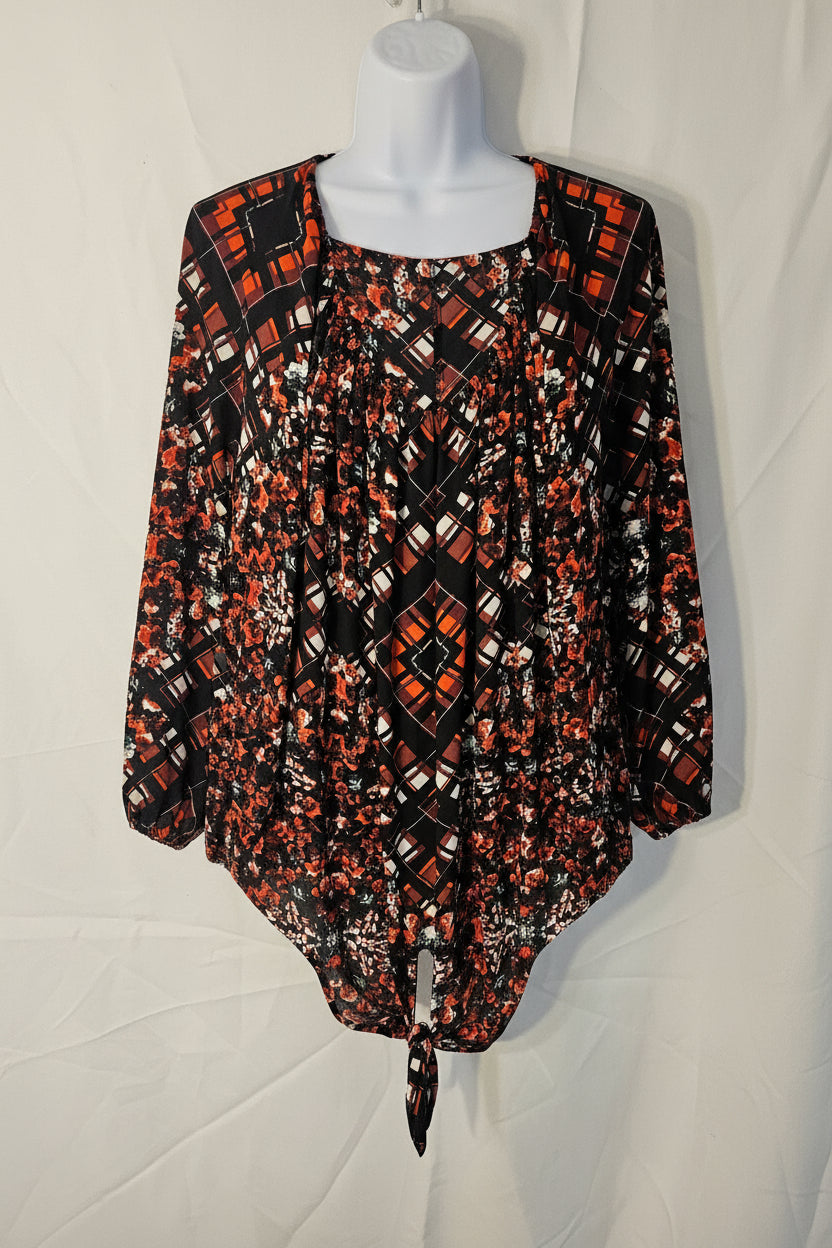 Women's New Directions Mixed Print Tie-Front Top - Black / Orange Floral Plaid - Plus Size - Item #2493