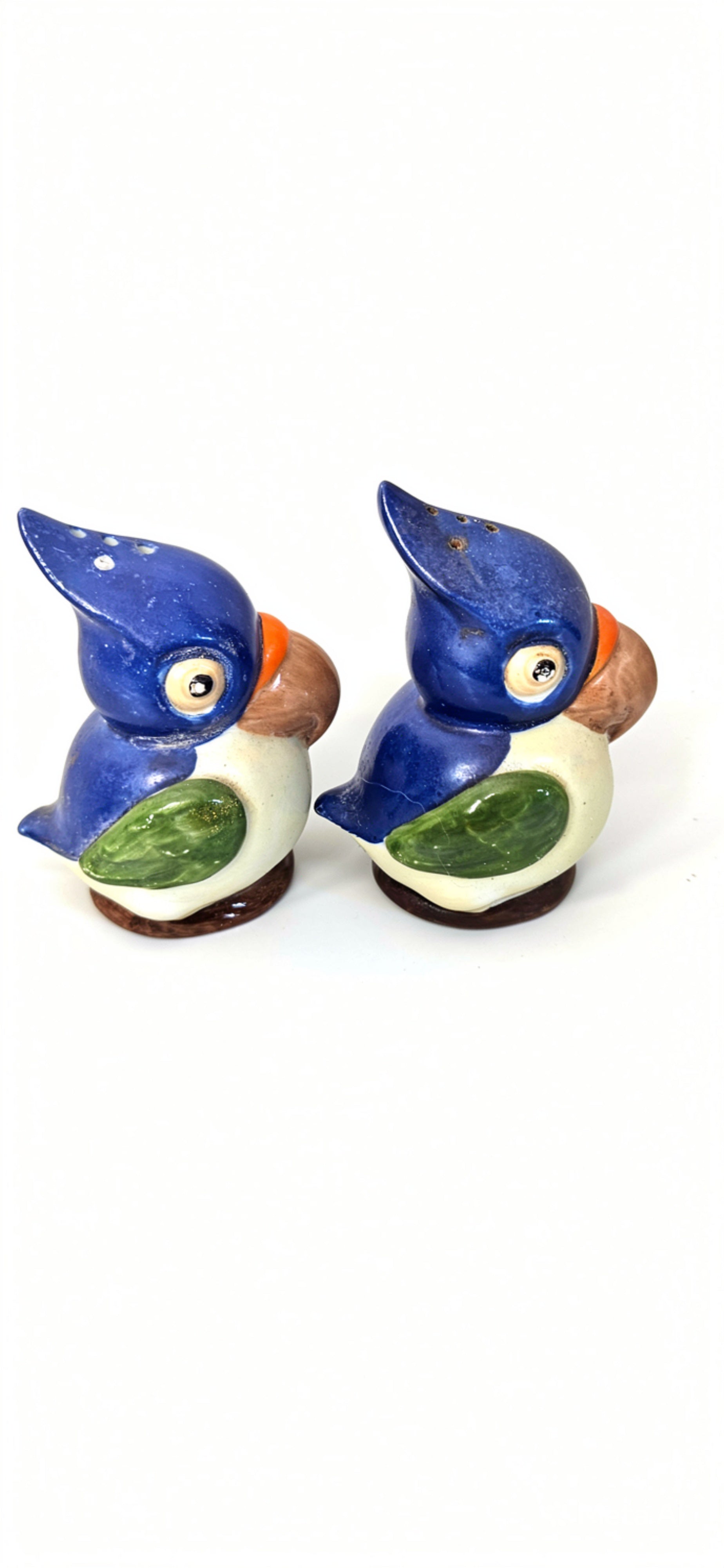 Vintage 1940s-50s German Ceramic Bird Salt & Pepper Shakers|Blue Green Kitsch|Mid-Century Collectible - ITEM #2300