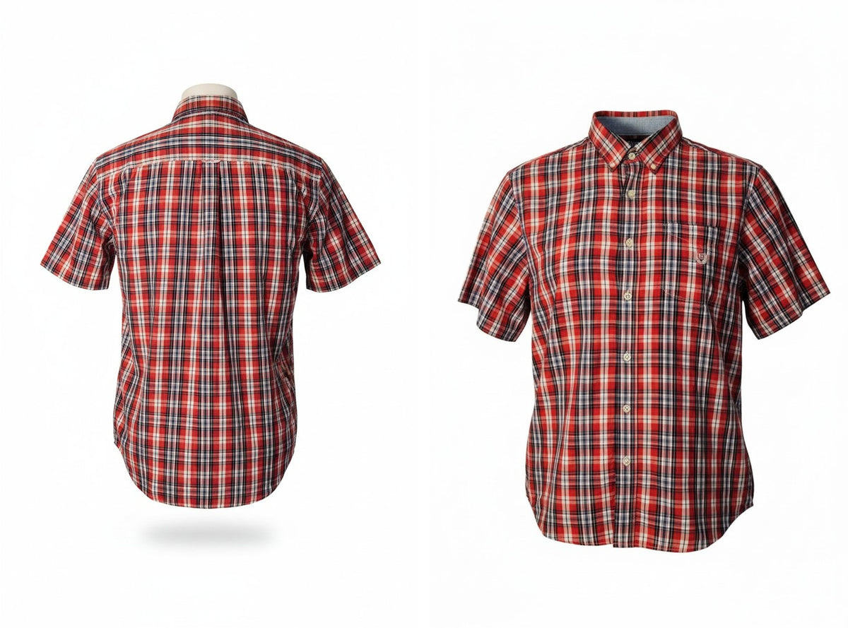Chaps-Easy Care - Mens Short Sleeve Button Down Shirt Large Plaid Red Blue White 60% Cotton ITEM #2500