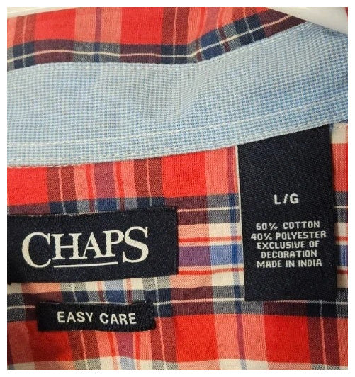 Chaps-Easy Care - Mens Short Sleeve Button Down Shirt Large Plaid Red Blue White 60% Cotton ITEM #2500