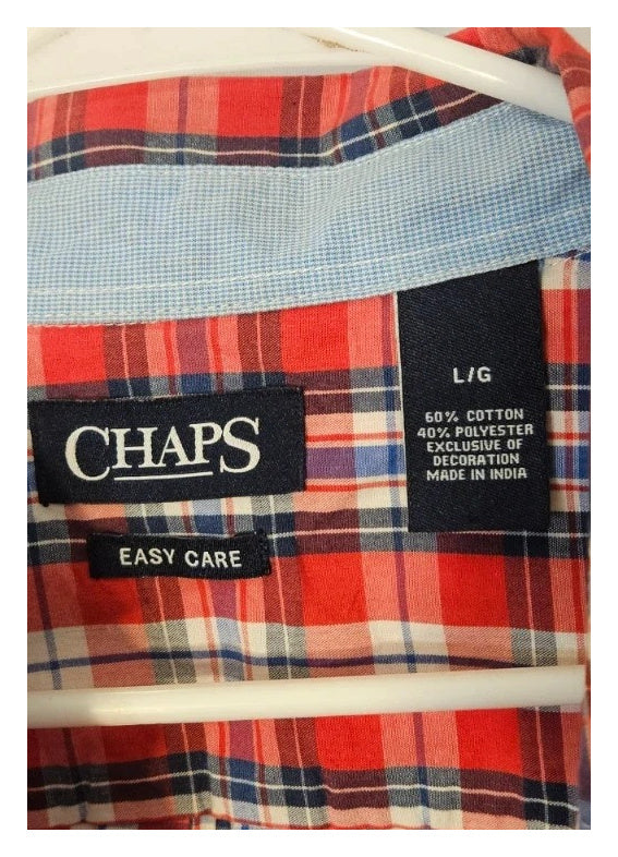 Chaps-Easy Care - Mens Short Sleeve Button Down Shirt Large Plaid Red Blue White 60% Cotton ITEM #2500