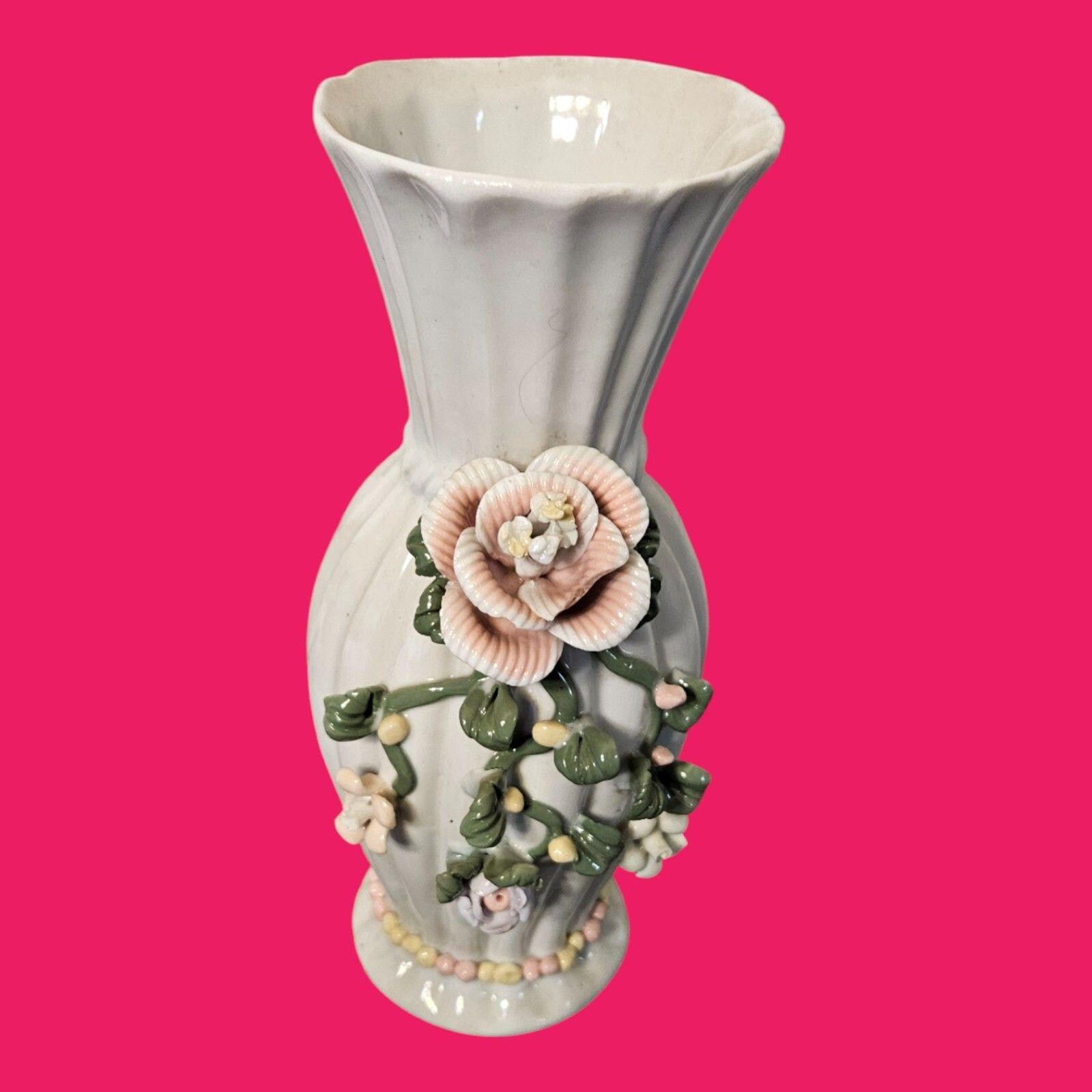 Sophia-Ann Floral Vase White with Pink 3D Flowers --ITEM #3537