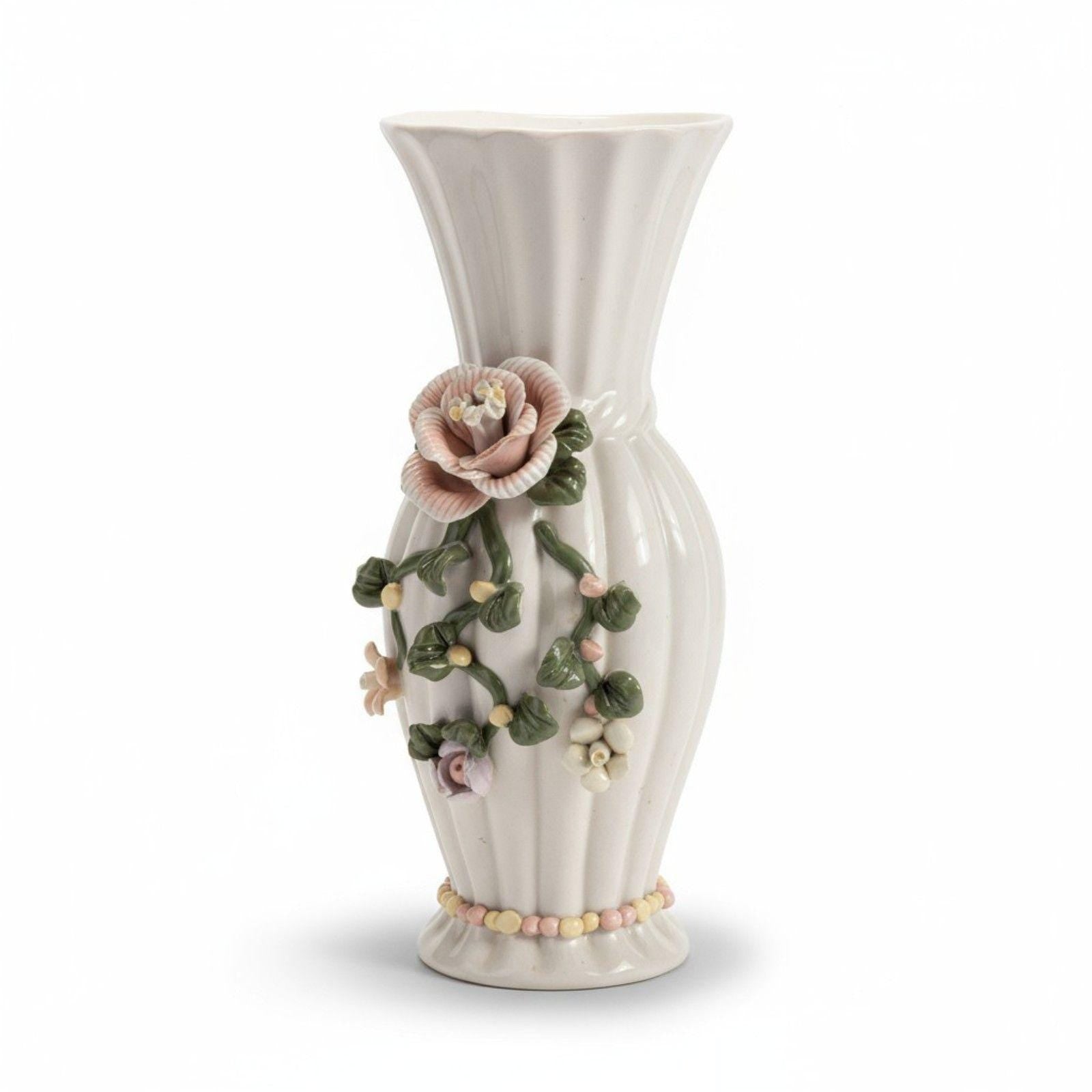 Sophia-Ann Floral Vase White with Pink 3D Flowers --ITEM #3537