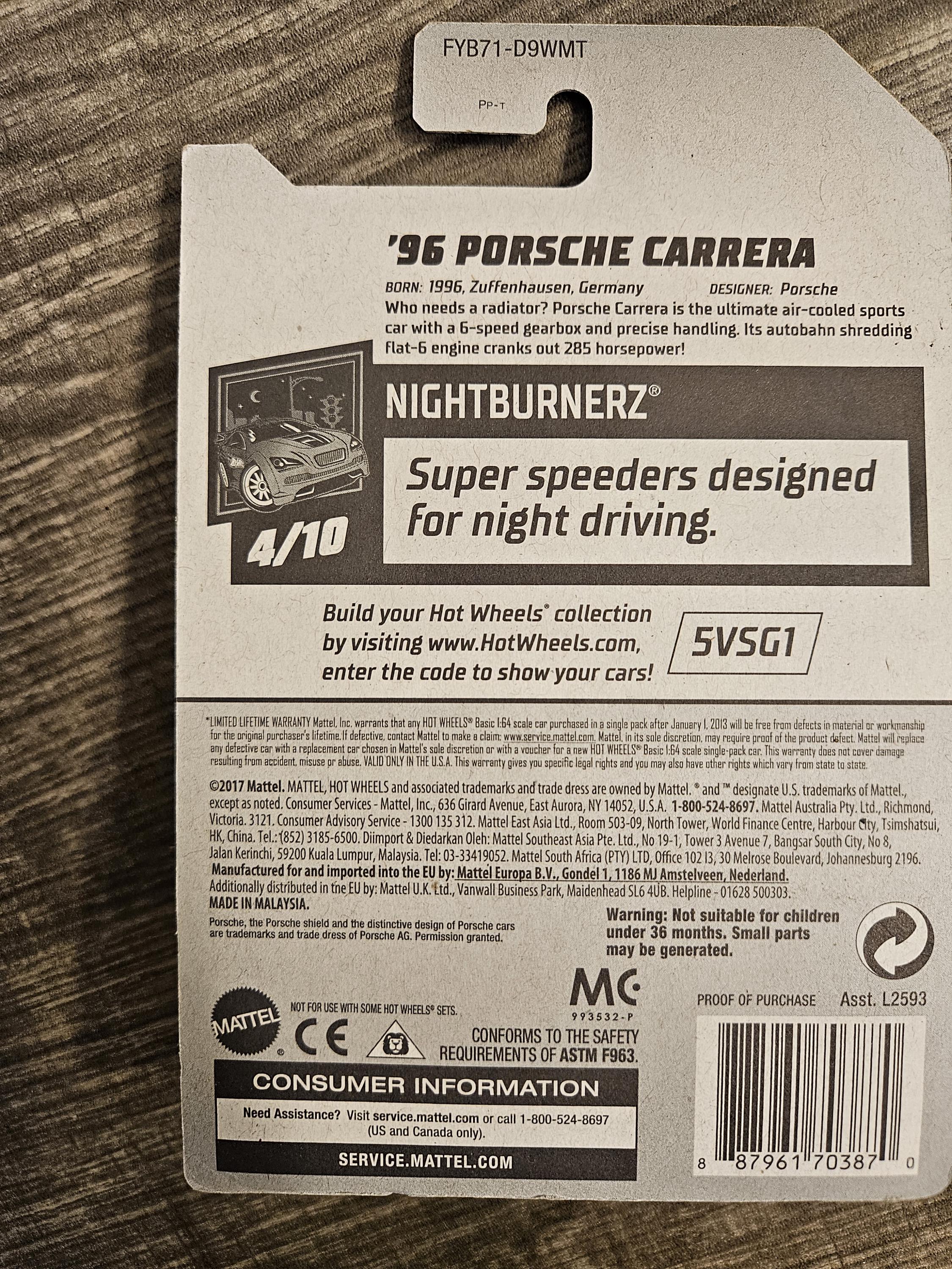 Hot Wheels '96 Porsche Carrera Night Burnerz -- ITEM #2073