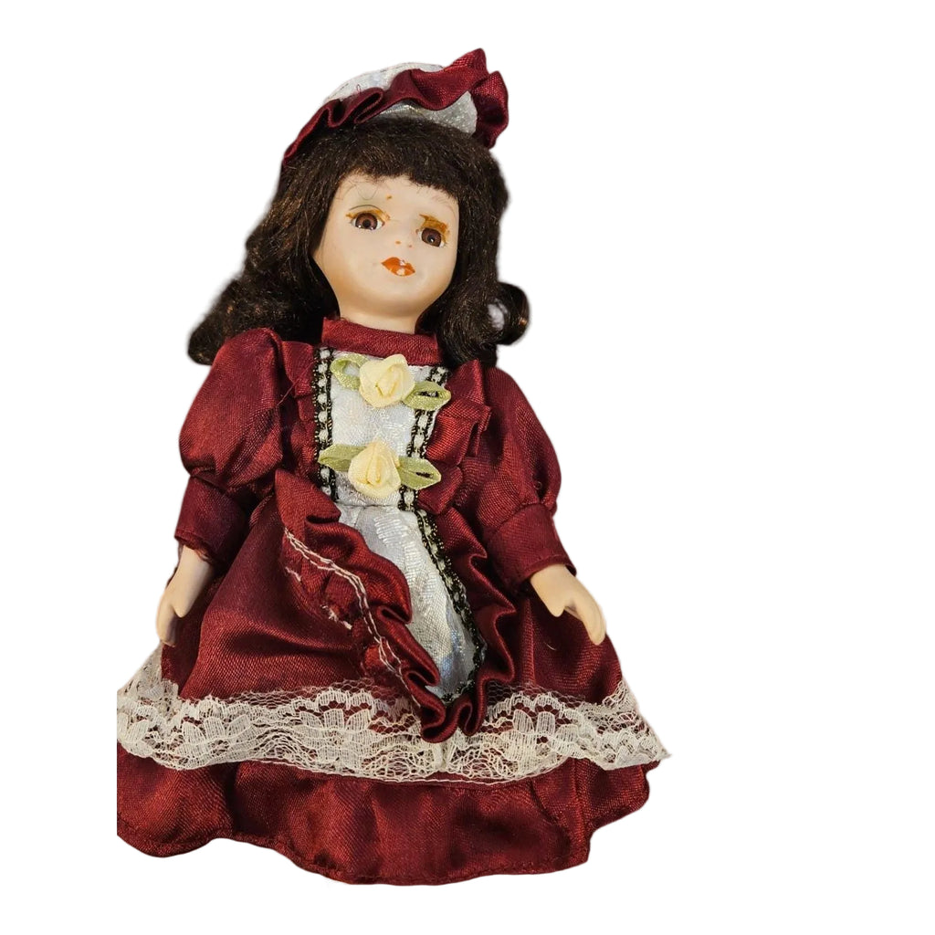 Vintage Porcelain Doll with Brown Hair and Red Dress -- ITEM #3103