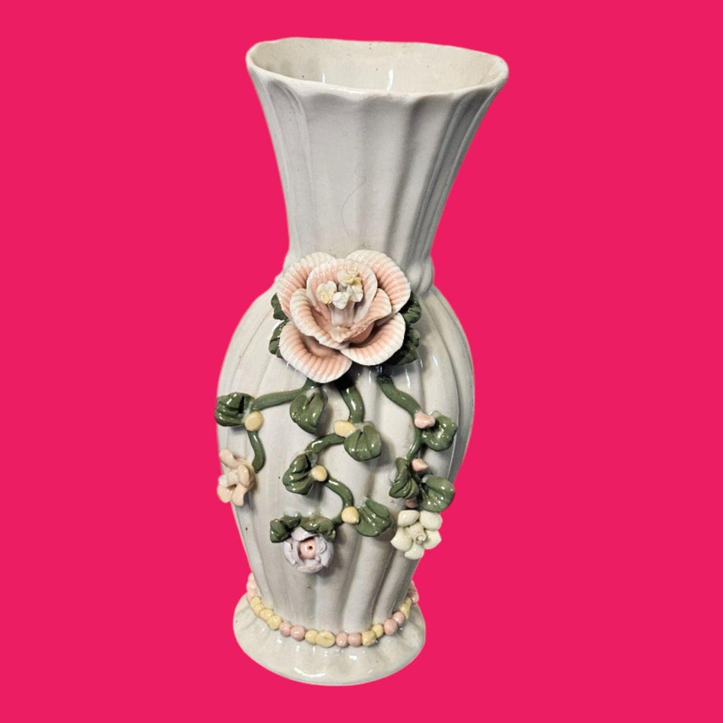 Sophia-Ann Floral Vase White with Pink 3D Flowers --ITEM #3537